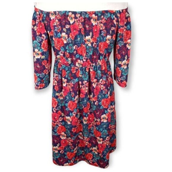 RED & TEAL FLORAL OFF-THE-SHOULDER MINI DRESS SZ.M EUC. - Picture 5 of 6